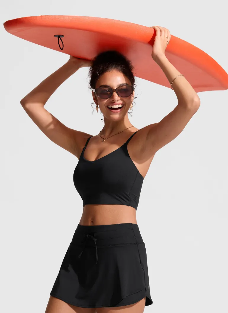 High Rise Zip Pocket Ruffle Swim Board Shorts