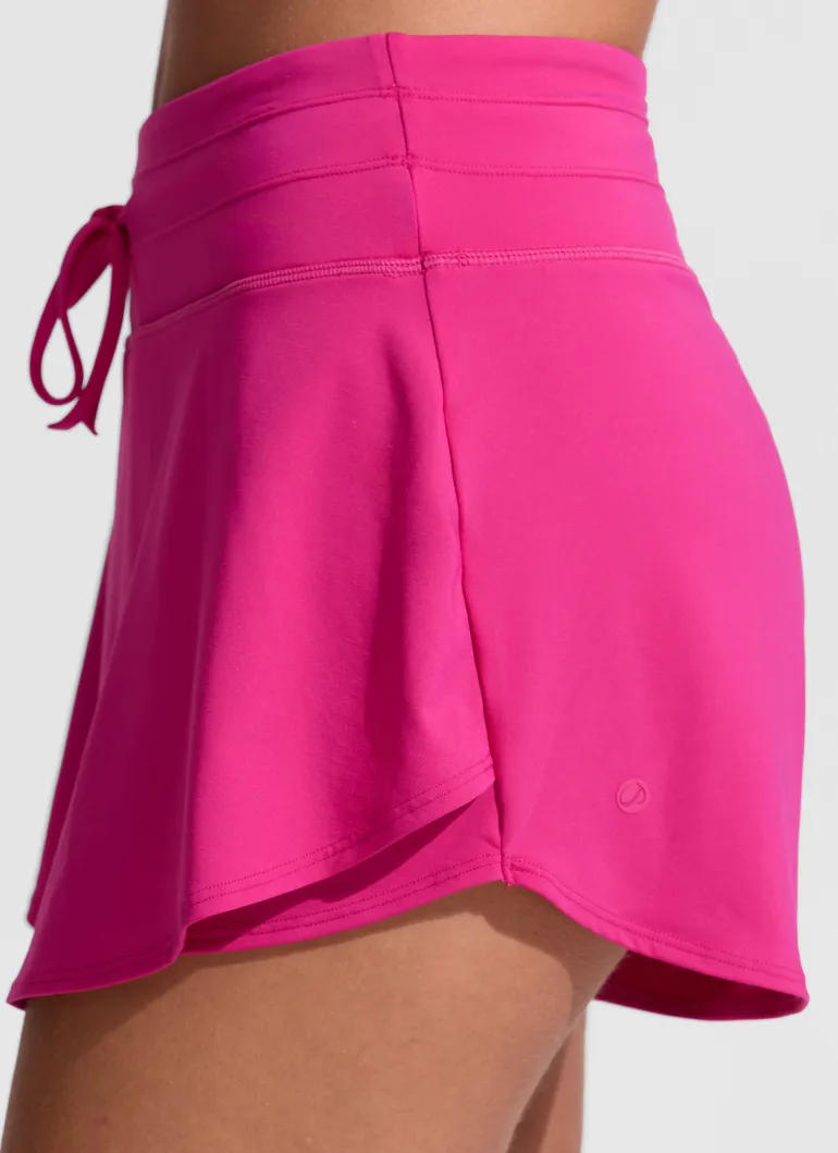 High Rise Zip Pocket Ruffle Swim Board Shorts