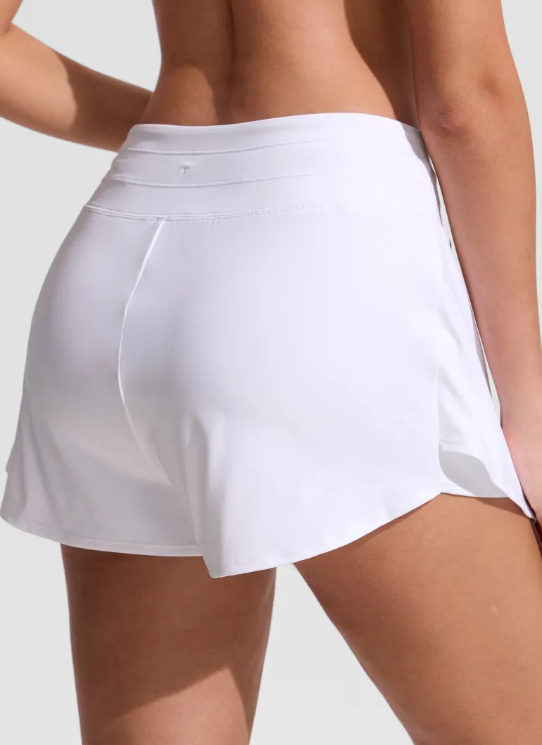 High Rise Zip Pocket Ruffle Swim Board Shorts