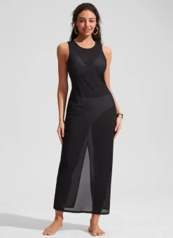 Mesh Midi Sleeveless Swimsuit Coverup with Back Slit
