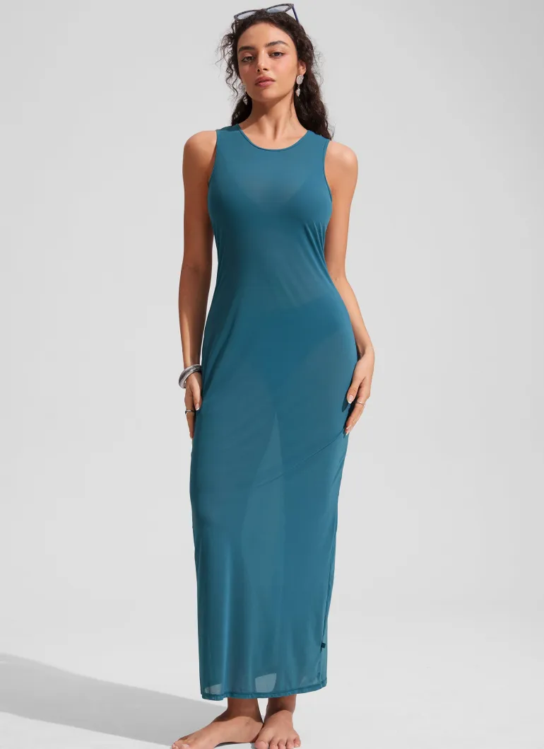 Mesh Midi Sleeveless Swimsuit Coverup with Back Slit