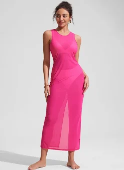 Mesh Midi Sleeveless Swimsuit Coverup with Back Slit