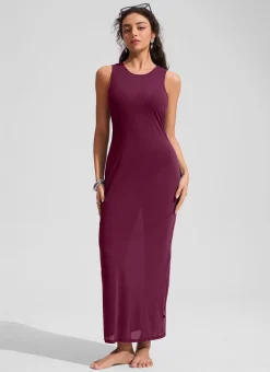 Mesh Midi Sleeveless Swimsuit Coverup with Back Slit