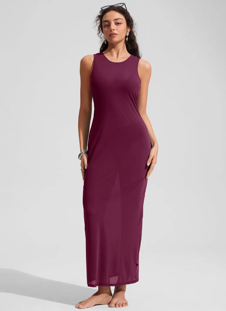 Mesh Midi Sleeveless Swimsuit Coverup with Back Slit