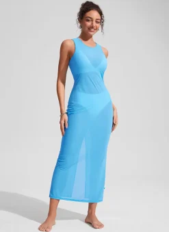 Mesh Midi Sleeveless Swimsuit Coverup with Back Slit