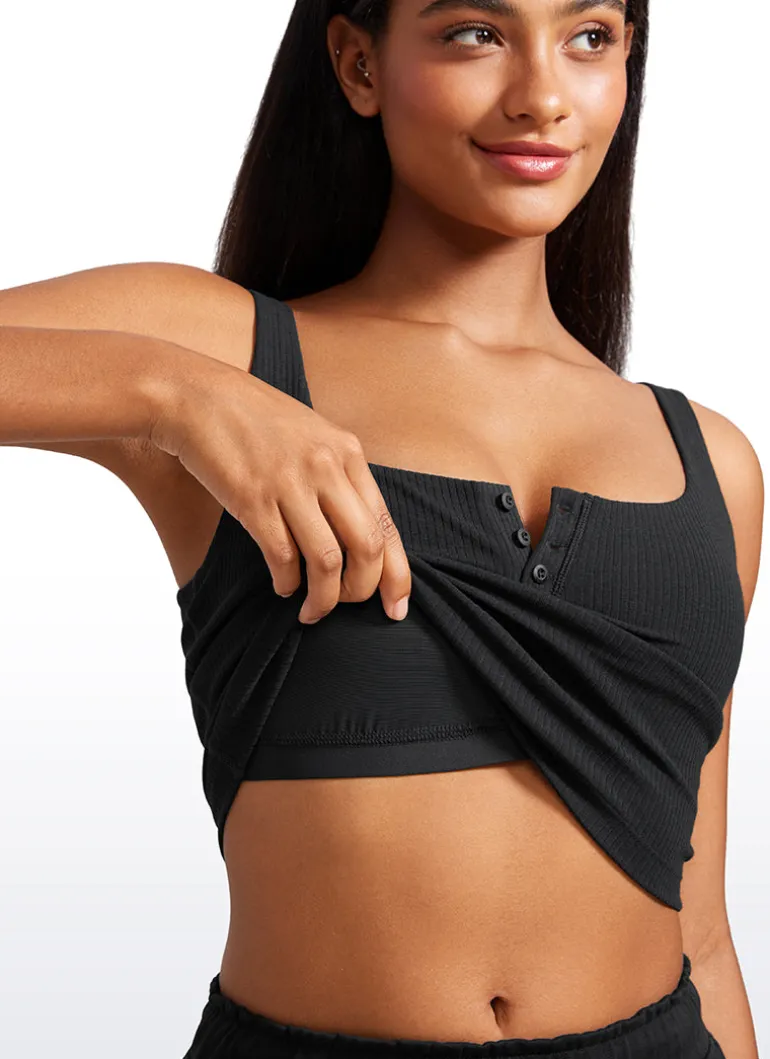 Ribbed Henley Neck Built in Bra Tank