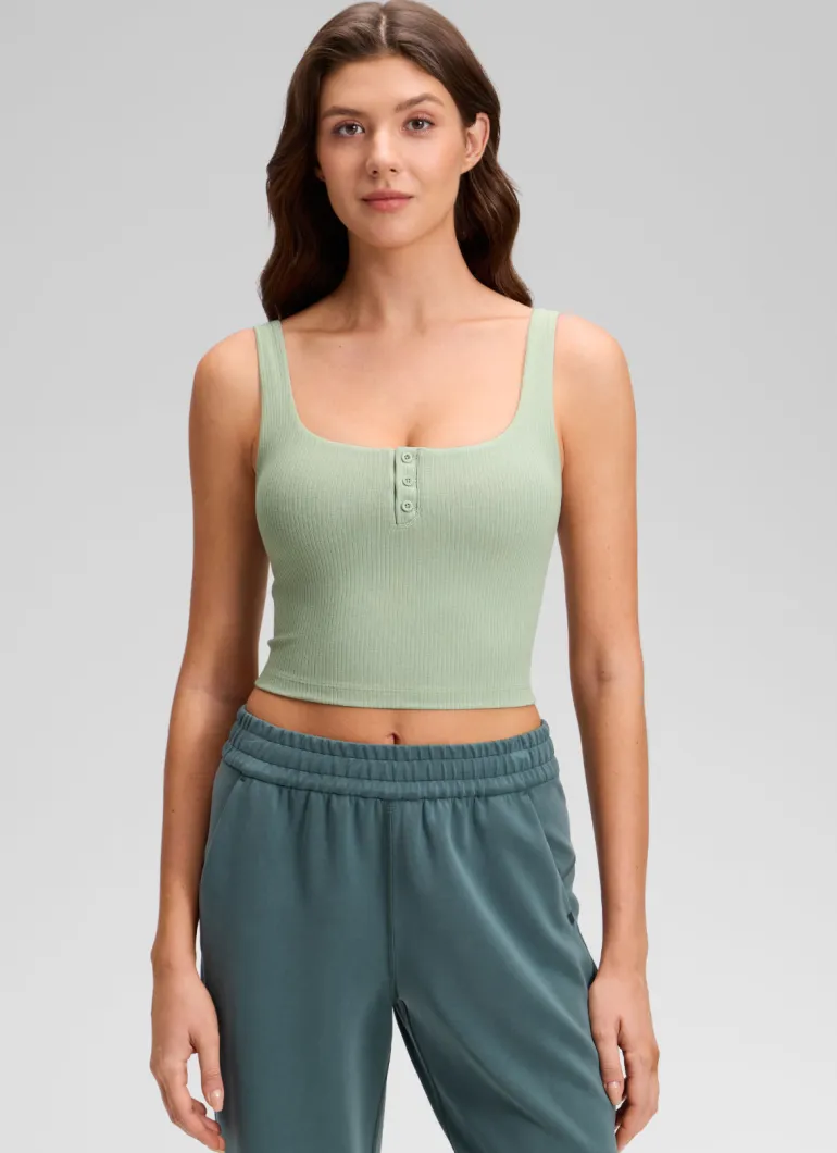 Ribbed Henley Neck Built in Bra Tank