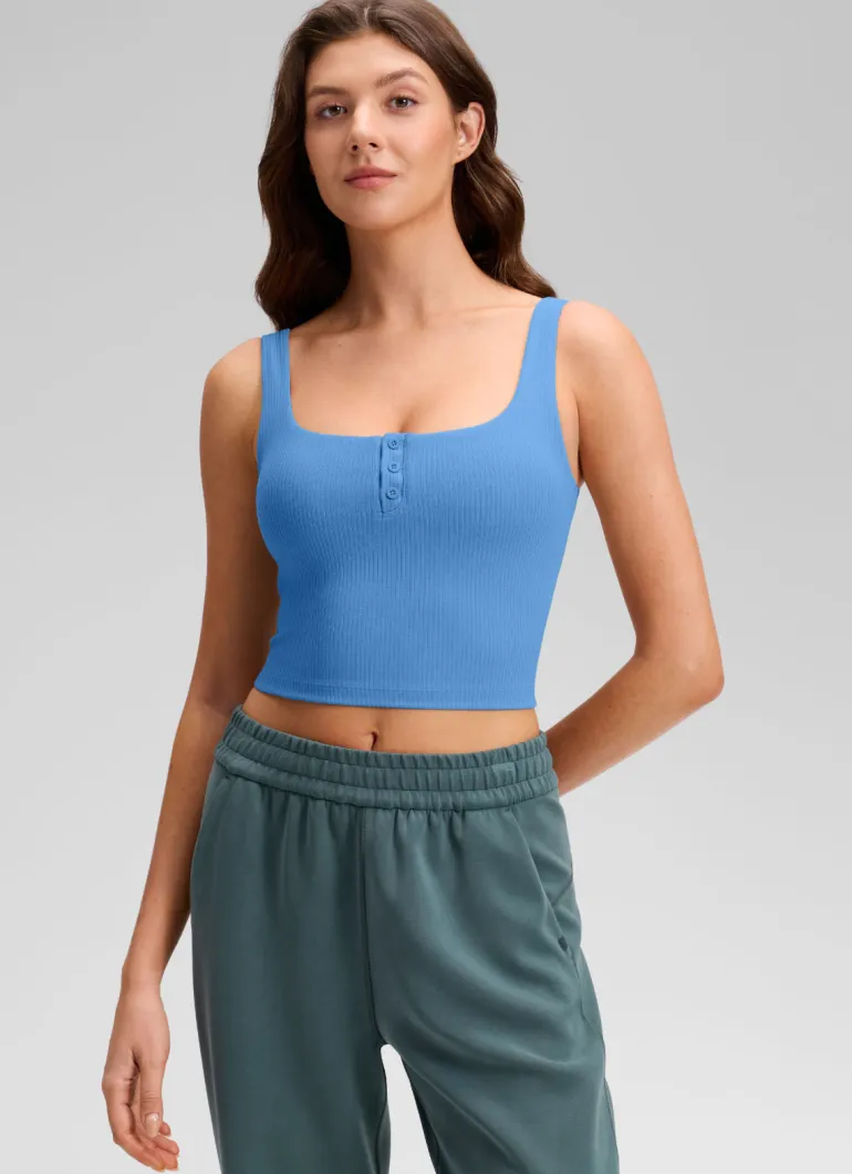Ribbed Henley Neck Built in Bra Tank