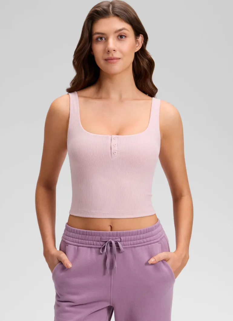 Ribbed Henley Neck Built in Bra Tank