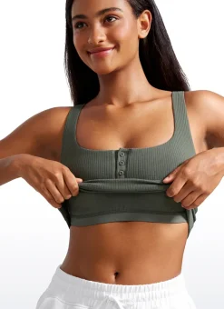 Ribbed Henley Neck Built in Bra Tank