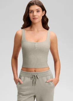 Ribbed Henley Neck Built in Bra Tank