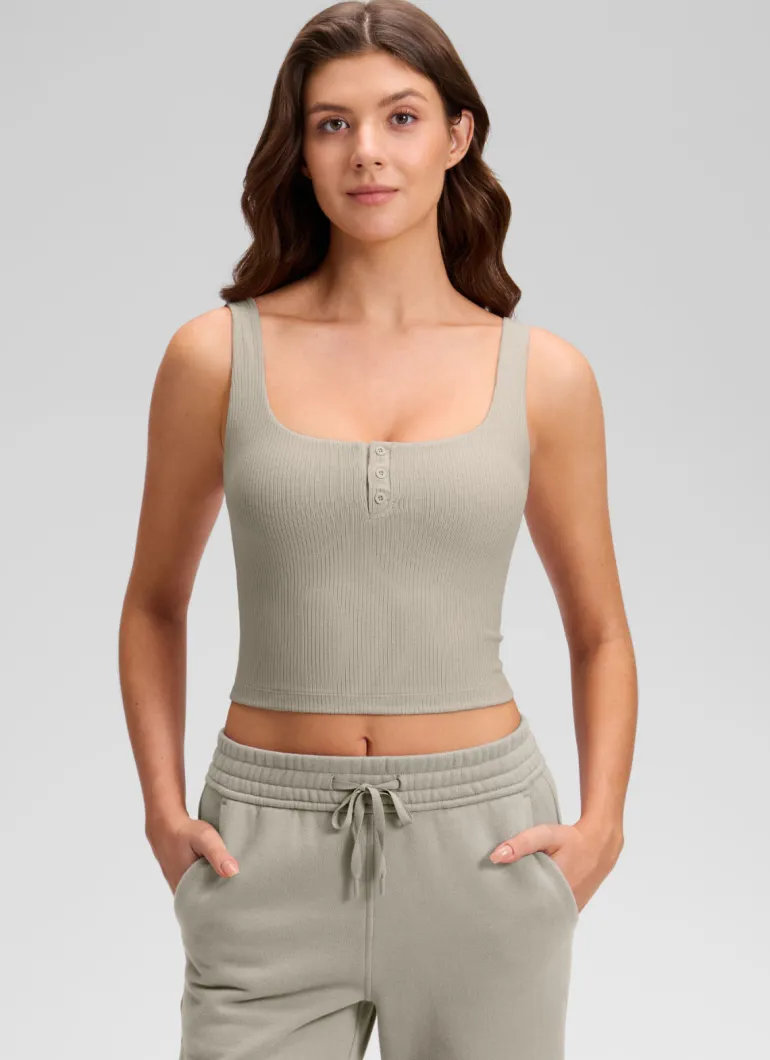 Ribbed Henley Neck Built in Bra Tank