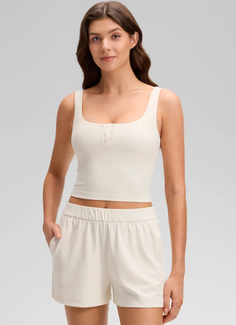 Ribbed Henley Neck Built in Bra Tank