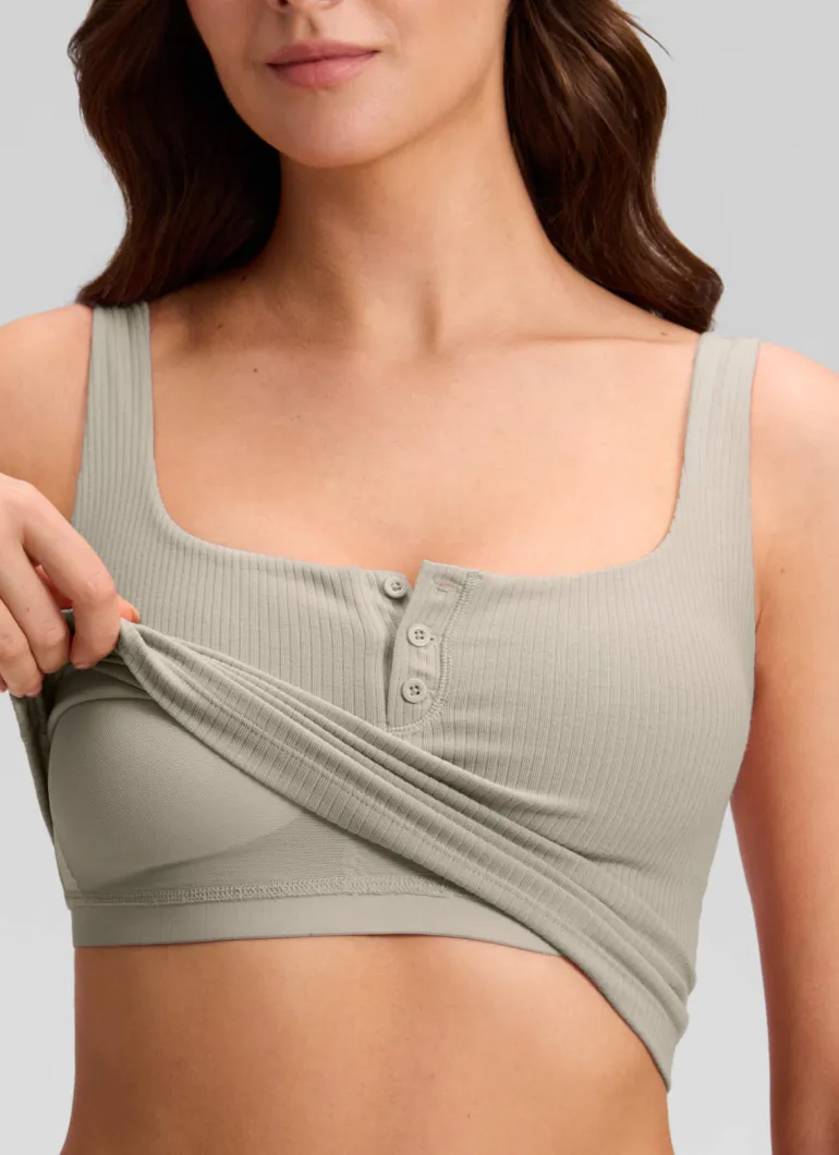 Ribbed Henley Neck Built in Bra Tank