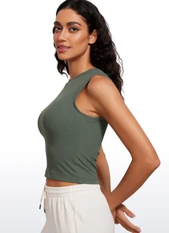 Ribbed Waist Length High Neck Tank