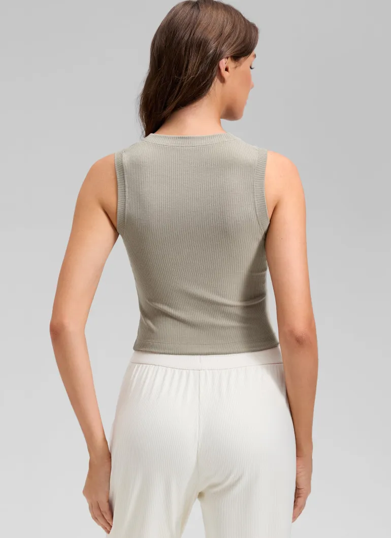 Ribbed Waist Length High Neck Tank