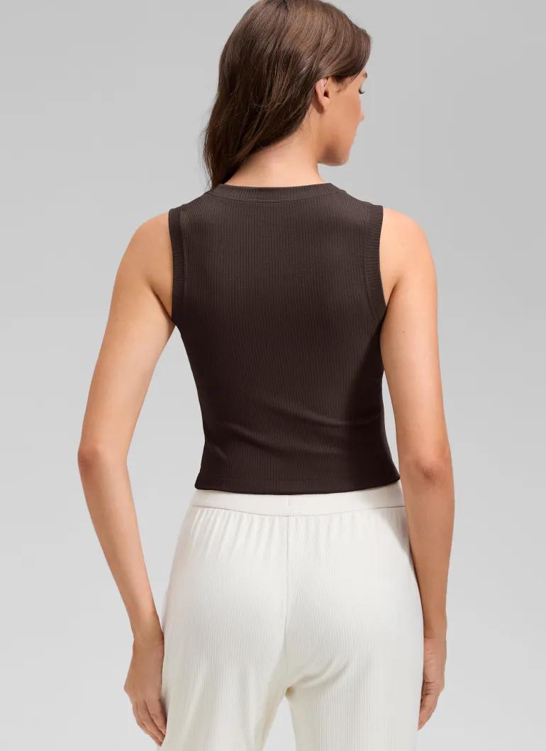 Ribbed Waist Length High Neck Tank